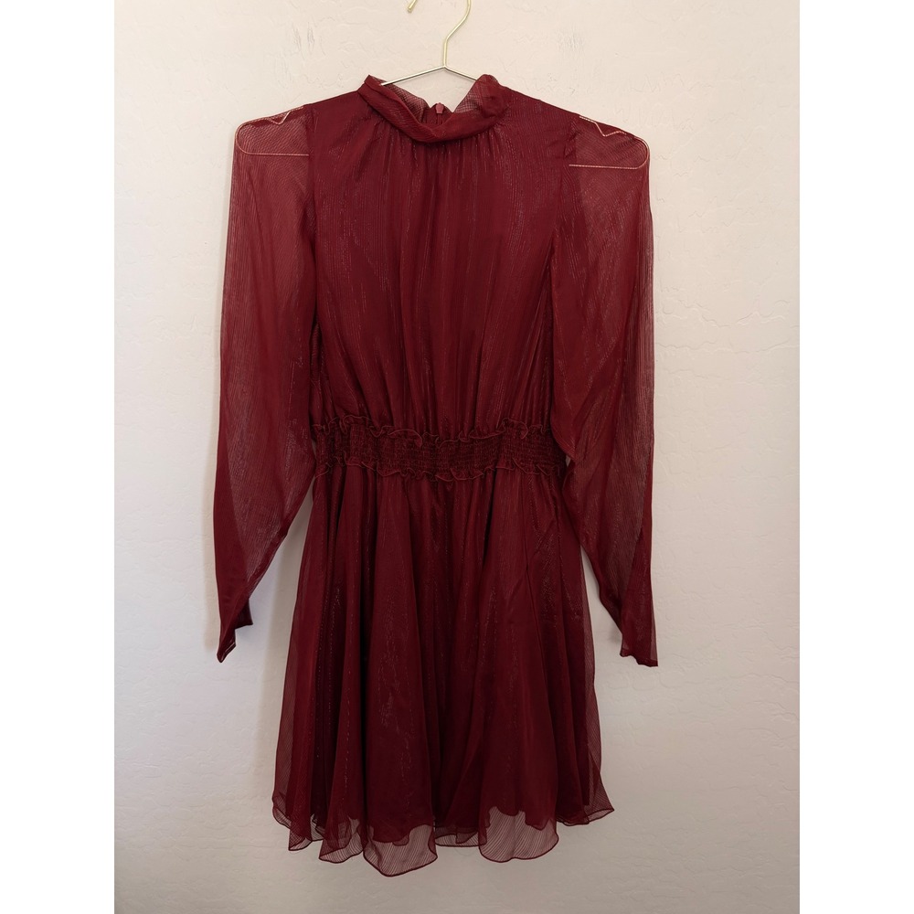 Longchamp Burgundy Silk Blend Metallic Pinstripe Mock Neck Mini Dress Sz 40 NWT